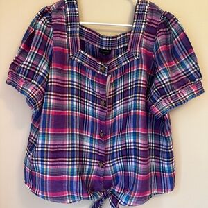 Talbots Plaid Square Neck Button Tie Front Short Sleeve Linen Blouse, NWT, XL